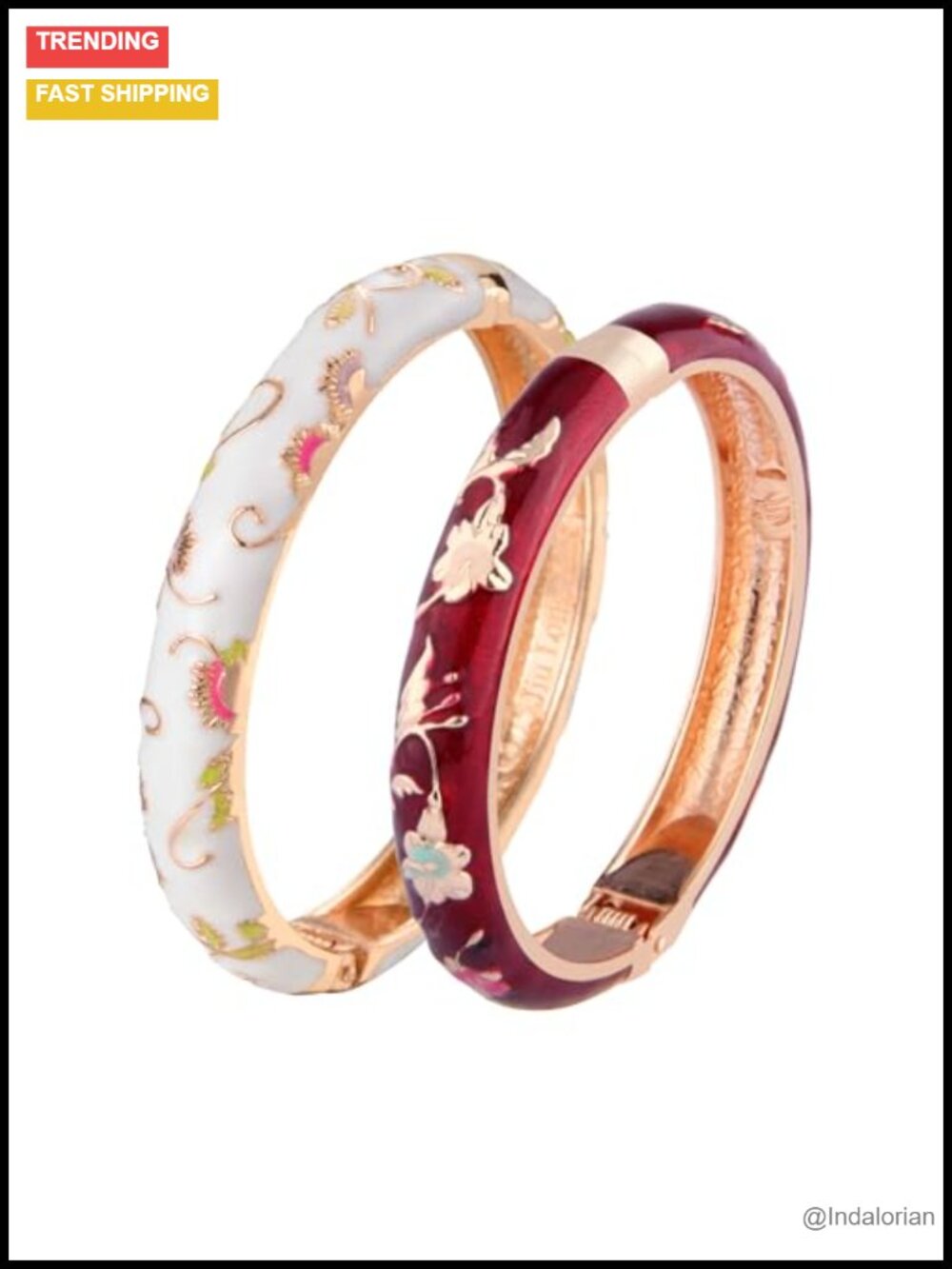 Vintage Enameled Metal Cuff Bangle Set Spring Hinge Bracelets